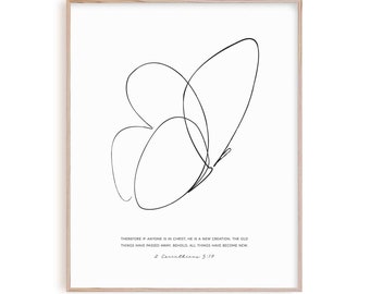2 Korinther 5,17 moderne christliche Wandkunst Bibelgrafik, Schriftplakat, christliche Linie Kunst Wohnkultur, neue Kreation Schmetterlingswandkunst