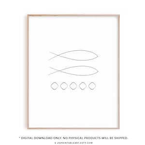 May include: A black and white line art print of two intertwined fish symbols with five small circles below. The print is framed in a light wood frame.