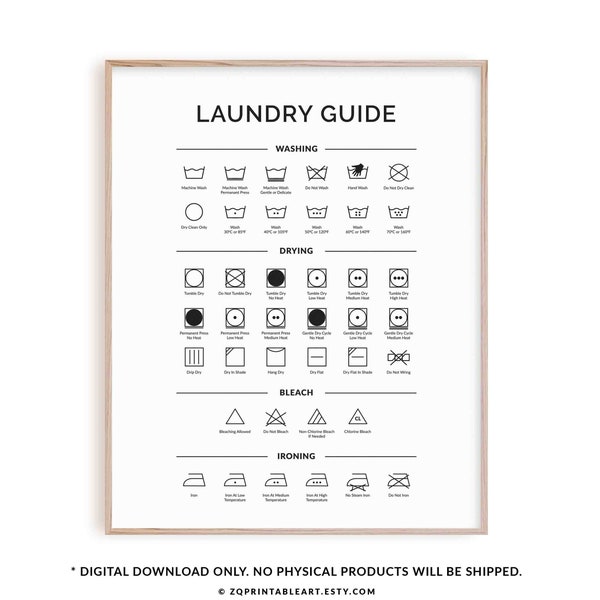 Laundry Room Symbols Print, Printable Laundry Sign Wall Art, Laundry Care Label Guide Digital Print, Digital Download