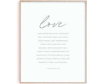 1 Corinthians 13 love is patient bible verse wall art, printable Christian scripture poster print, Christian home decor