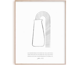 John 4:14 modern Christian wall art bible artwork, scripture poster, Christian line art boho home decor, never thirst again print
