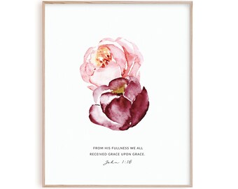 Juan 1:16 Gracia sobre gracia, impresión de arte de pared del versículo bíblico, obras de arte del cartel de las Escrituras cristianas, arte de pared imprimible