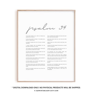 Psalm 34 bible verse wall art, Christian scripture poster print, modern Christian home decor, full Psalm print
