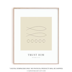 Christian wall art poster, bible artwork encouragement gift, 5 loaves 2 fish, Jesus feeds five thousand modern art church poster