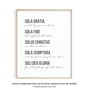5 Solas printable wall art, Five Solas Print, Soli Deo Gloria, reformed theology saved by grace print Modern Christian wall art home decor