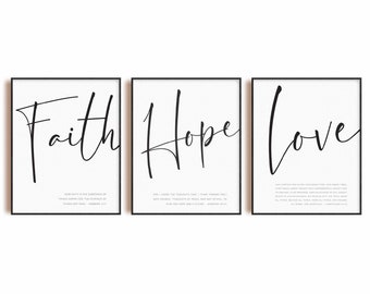 Faith Hope Love Set of 3 Bible Verse Wall Art Prints, Scripture poster Jeremiah 29 1 Corinthians 13 Hebrews 11 , Christian Living Room Decor