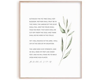 Habakkuk 3:17-19 Bible Verse Wall Art, Christian poster printable scripture print, digital download, Although the fig tree shall not blossom