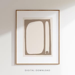 May include: Abstract art print in a wooden frame. The artwork features a beige background with a brown, organic shape and a vertical line. The words "DIGITAL DOWNLOAD" are printed at the bottom.