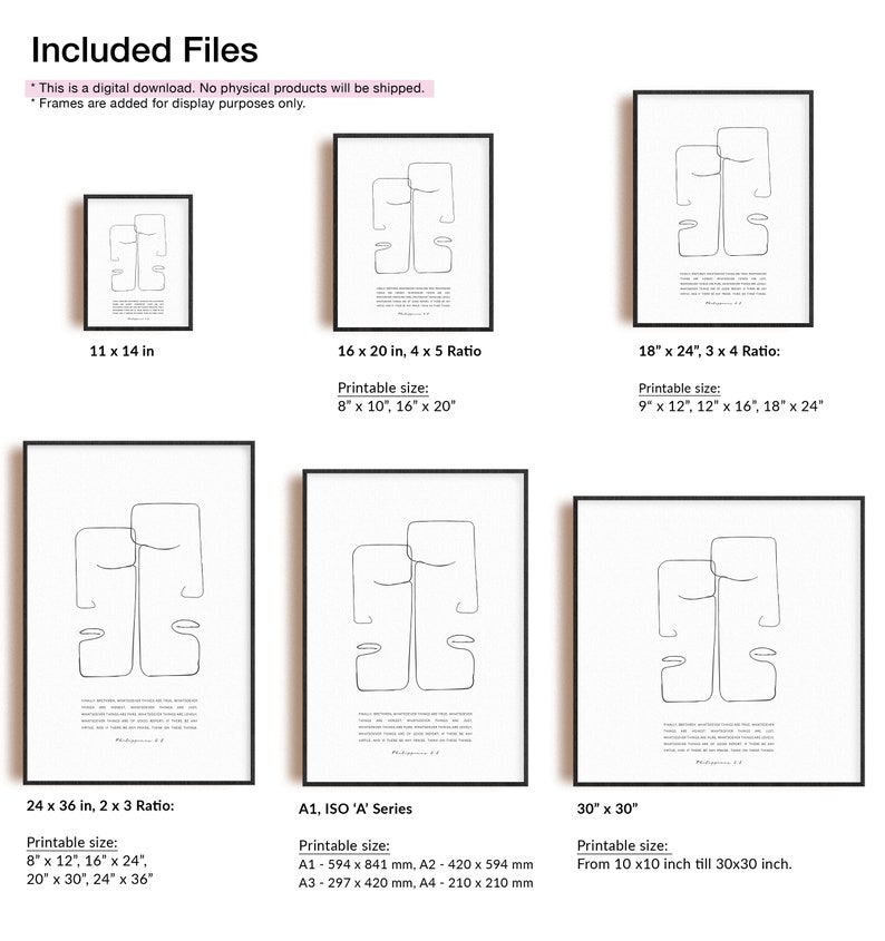 May include: A digital download of a minimalist line art print featuring two faces, with the text "Philippians 4:13" at the bottom. The print is available in five different sizes, ranging from 11 x 14 inches to 30 x 30 inches.