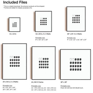 May include: A digital download of six printable art prints featuring a geometric pattern of black squares on a white background. The prints are shown in different sizes, including 11x14 inches, 16x20 inches, 18x24 inches, 24x36 inches, 30x30 inches, and A1 size. The printable sizes are listed for each print.