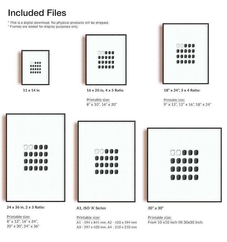 May include: A digital download of six printable art prints featuring a geometric pattern of black squares on a white background. The prints are shown in different sizes, including 11x14 inches, 16x20 inches, 18x24 inches, 24x36 inches, 30x30 inches, and A1 size. The printable sizes are listed for each print.