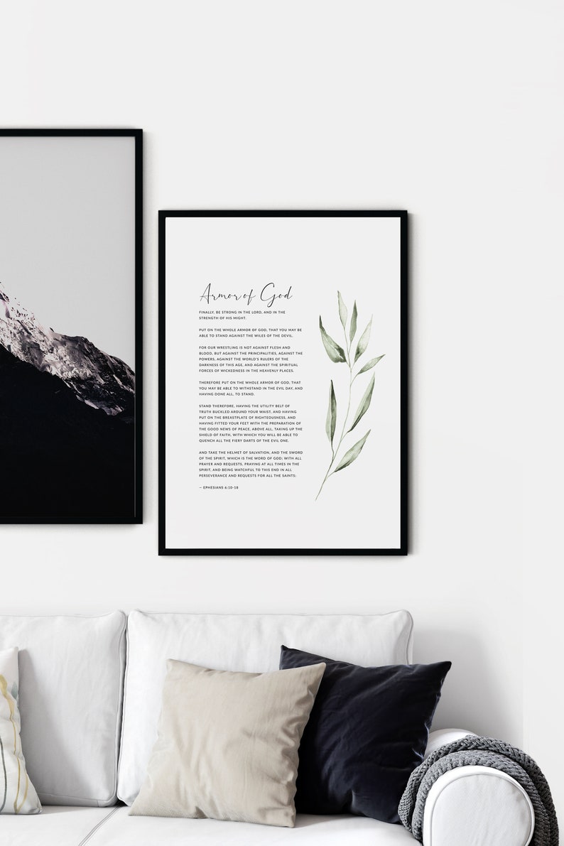 K&ouml;nnte beinhalten: Ein druckbares Wandbild mit einer Aquarell-Illustration eines belaubten Zweigs auf wei&szlig;em Hintergrund. Der Text lautet "R&uuml;stung Gottes" und enth&auml;lt einen Bibelvers aus Epheser 6,10-18.