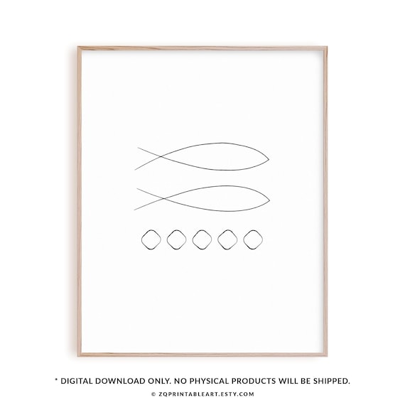 Jesus Feeds 5000 Christian Poster, Modern Christian Artwork Wall Art, Minimal Line Art 5 Loaves And 2 Fish