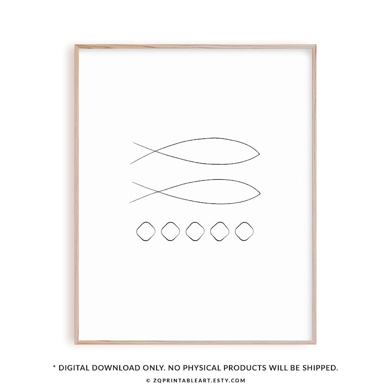 May include: A black and white line art print of two intertwined fish symbols with five small circles below. The print is framed in a light wood frame.