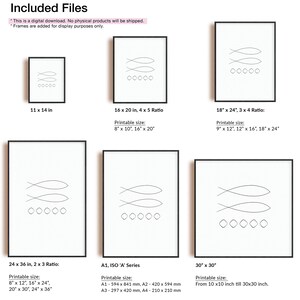 May include: A digital download of six printable minimalist line art designs featuring a stylized fish illustration. The designs are available in various sizes, including 11x14 inches, 16x20 inches, 18x24 inches, 24x36 inches, 30x30 inches, and A1, A2, A3, and A4 sizes.