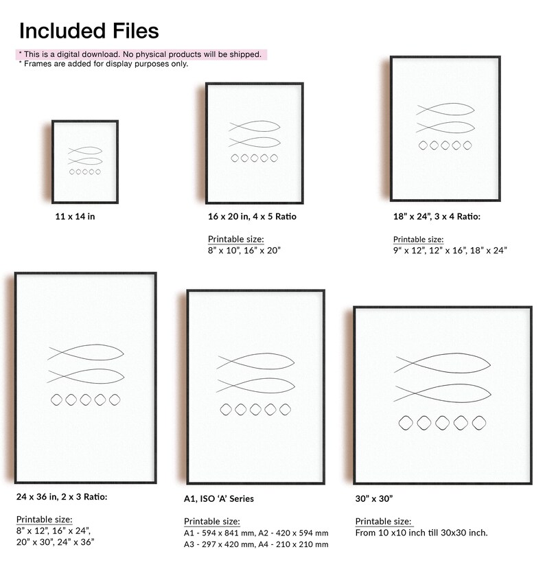 May include: A digital download of six printable minimalist line art designs featuring a stylized fish illustration. The designs are available in various sizes, including 11x14 inches, 16x20 inches, 18x24 inches, 24x36 inches, 30x30 inches, and A1, A2, A3, and A4 sizes.