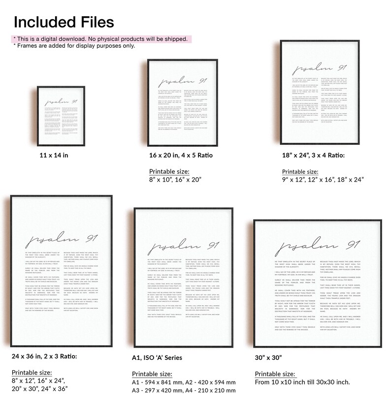 May include: Printable digital download of Psalm 91 in various sizes, including 11x14 inches, 16x20 inches, 18x24 inches, 24x36 inches, A1, and 30x30 inches. The text is in a simple, modern font.