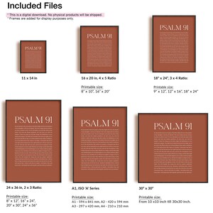 May include: A digital download of a printable poster featuring the text "PSALM 91" in white lettering on a terracotta background. The poster is available in various sizes, including 11x14 inches, 16x20 inches, 18x24 inches, 24x36 inches, 30x30 inches, and A1, A2, A3, and A4 sizes.