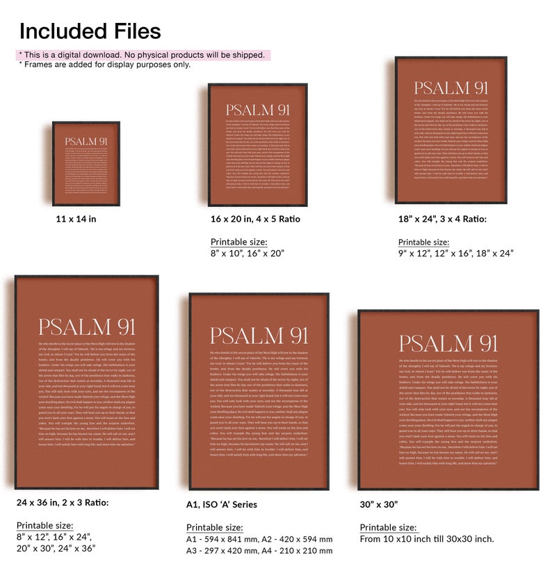 May include: A digital download of a printable poster featuring the text "PSALM 91" in white lettering on a terracotta background. The poster is available in various sizes, including 11x14 inches, 16x20 inches, 18x24 inches, 24x36 inches, 30x30 inches, and A1, A2, A3, and A4 sizes.