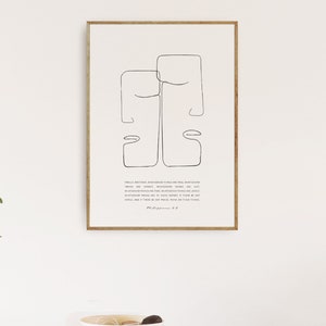 May include: A minimalist line art print of two faces with a quote from Philippians 4:8. The quote reads "Finally, brothers and sisters, whatever is true, whatever is noble, whatever is right, whatever is pure, whatever is lovely, whatever is admirable - if anything is excellent or praiseworthy - think about such things."