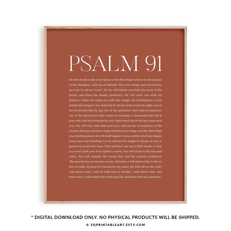 May include: A printable digital download of Psalm 91, a bible verse, in white text on a burnt orange background. The text is centered on the page and includes the title "Psalm 91" at the top.