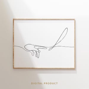 Peut inclure: Un dessin au trait noir et blanc de deux mains se tendant l'une vers l'autre. Le dessin est simple et élégant, et serait parfait dans une maison moderne.