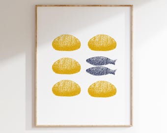 Jesus Feeds 5000 Artwork, Modern Christian Art Print, Bible Stories Wall Art, 5 loaves 2 fishes scripture