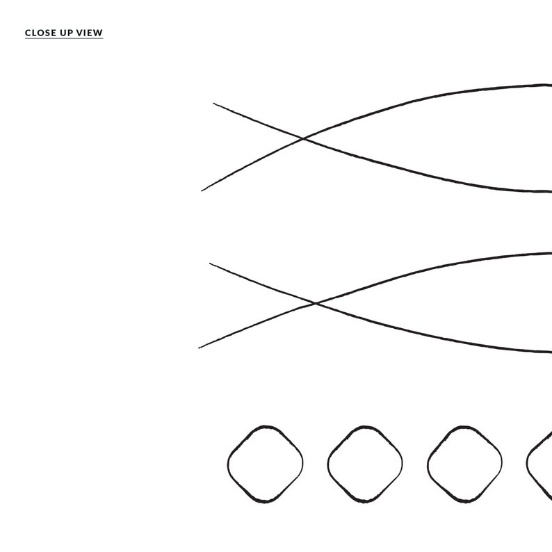 May include: A close-up view of two black fish shapes with curved lines and four round, black shapes.