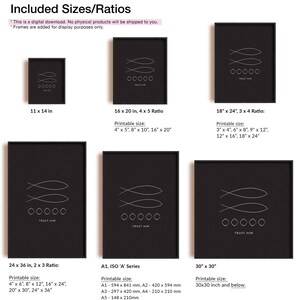 May include: A digital download of printable art featuring a minimalist design of two fish and the words "Trust Him" in a white outline on a black background. The image shows different sizes and ratios available for printing, including 11 x 14 inches, 16 x 20 inches, 18 x 24 inches, 24 x 36 inches, 30 x 30 inches, and A1, A2, A3, A4, and A5 sizes.