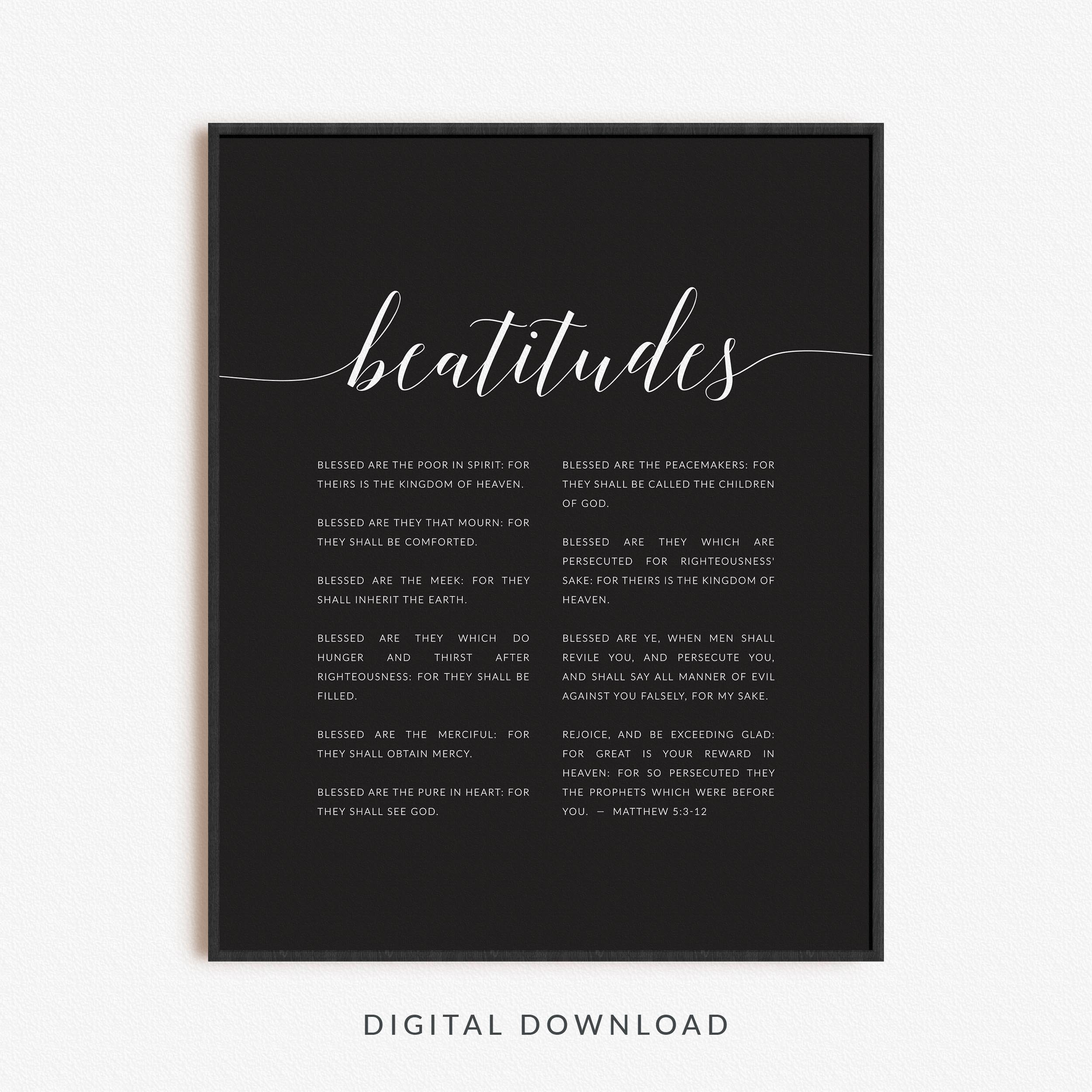 Beatitudes Bible Verse Wall Art Black, Modern Christian Poster, Matthew ...