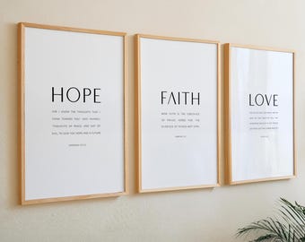 Bible Verse Prints 3 piece Christian wall art , Scripture poster, Faith Hope Love Jeremiah 29 1 Corinthians 13 Hebrews 11, Living Room Decor