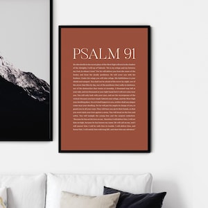 May include: A printable wall art poster with a brown background and white text. The poster features the text "PSALM 91" in a large font at the top and the text of Psalm 91 in a smaller font below.