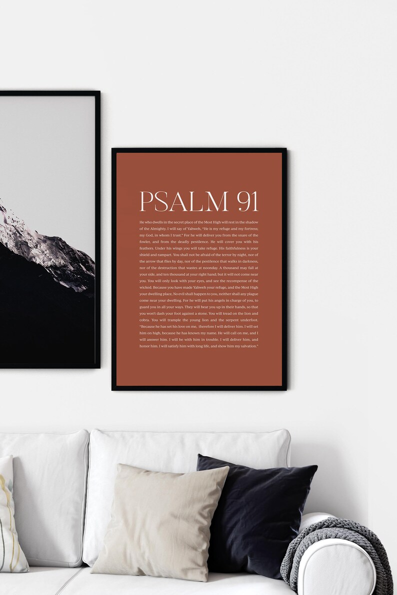 May include: A printable wall art poster with a brown background and white text. The poster features the text "PSALM 91" in a large font at the top and the text of Psalm 91 in a smaller font below.