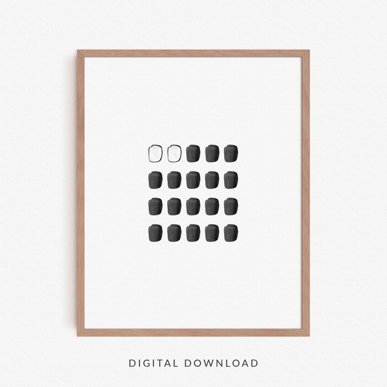May include: A black and white digital art print of a grid of 25 circles. The top row has three white circles and the rest of the grid is filled with black circles.
