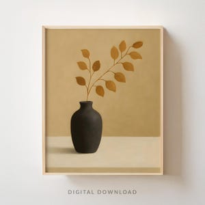Arte mural imprimible japonés, impresión botánica minimalista de jarrón negro, descarga digital de estética neutra para decoración moderna del hogar.