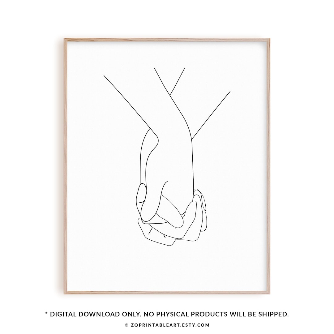 Line Art Drawing Couple Holding Hands Wall Art Print, Above Bed Decor