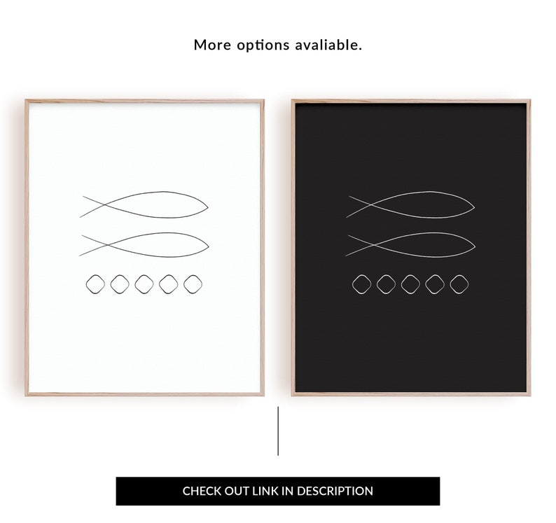 May include: Two minimalist black and white prints with a line drawing of two fish and a row of circles. The prints are framed in a light wood frame.