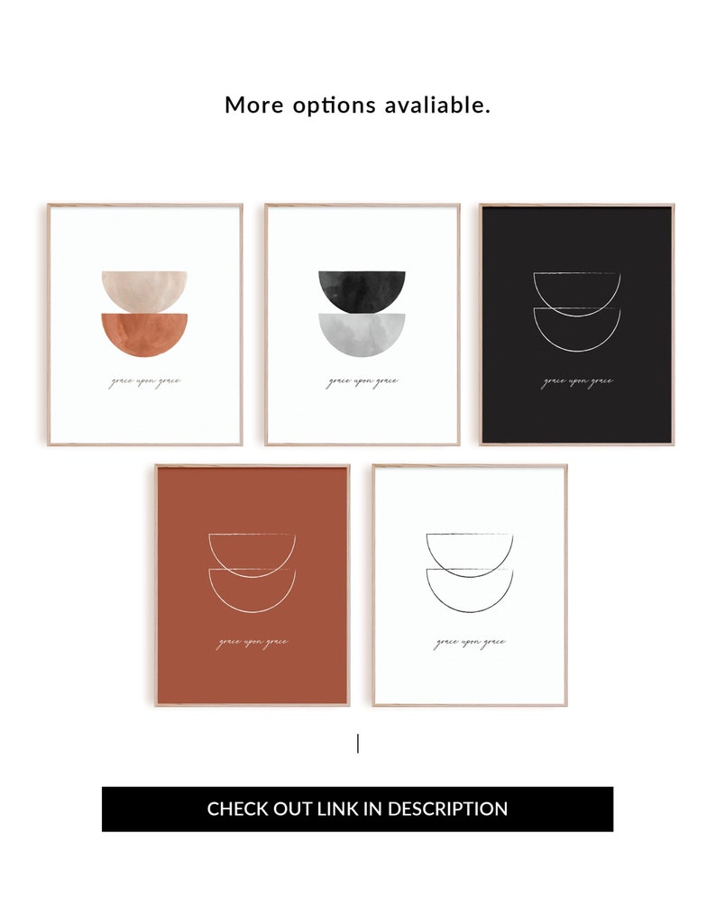 Puede incluir: Cinco impresiones de arte imprimibles con un dise&ntilde;o minimalista que presenta semic&iacute;rculos superpuestos en varios colores y un fondo blanco. El texto "grace upon grace" est&aacute; escrito en cursiva en la parte inferior de cada impresi&oacute;n.