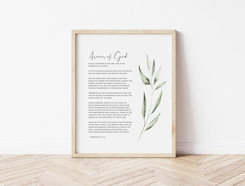K&ouml;nnte beinhalten: Ein druckbares Wandbild mit einem Zitat &uuml;ber die R&uuml;stung Gottes aus Epheser 6,10-18. Das Zitat ist in schwarzer Schrift auf wei&szlig;em Hintergrund gedruckt, mit einer Aquarell-Illustration von gr&uuml;nen Bl&auml;ttern in der Ecke.