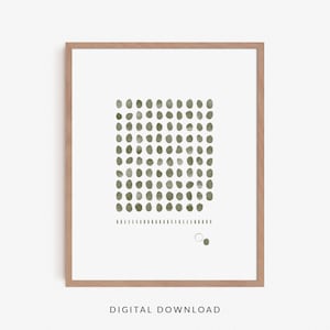 May include: A digital download of a printable art print featuring a geometric pattern of green circles on a white background. The print is framed in a light wood frame.