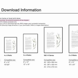 K&ouml;nnte beinhalten: Digitale Download-Informationen f&uuml;r einen druckbaren Kunstdruck mit einer Aquarellillustration eines belaubten Zweigs mit dem Text "R&uuml;stung Gottes". Das Bild zeigt verschiedene Gr&ouml;&szlig;en und Verh&auml;ltnisse f&uuml;r den Druck, darunter 4x5, 3x4 und die ISO 'A'-Serie.