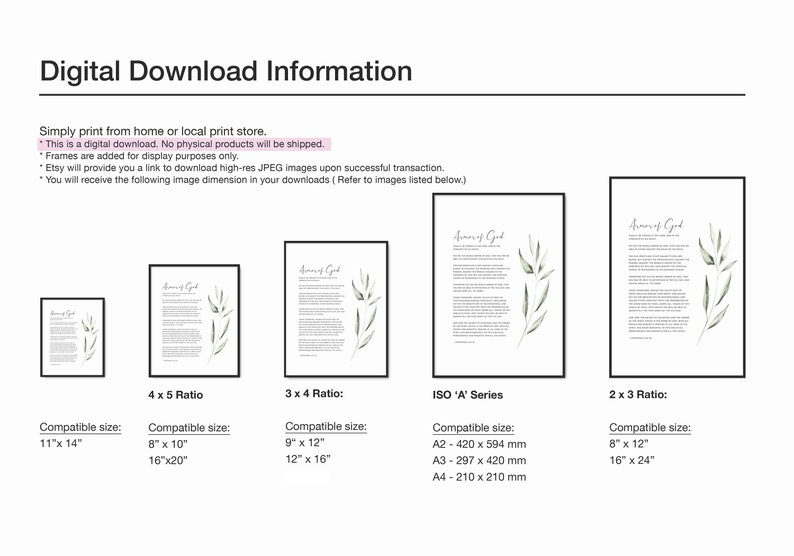 K&ouml;nnte beinhalten: Digitale Download-Informationen f&uuml;r einen druckbaren Kunstdruck mit einer Aquarellillustration eines belaubten Zweigs mit dem Text "R&uuml;stung Gottes". Das Bild zeigt verschiedene Gr&ouml;&szlig;en und Verh&auml;ltnisse f&uuml;r den Druck, darunter 4x5, 3x4 und die ISO 'A'-Serie.
