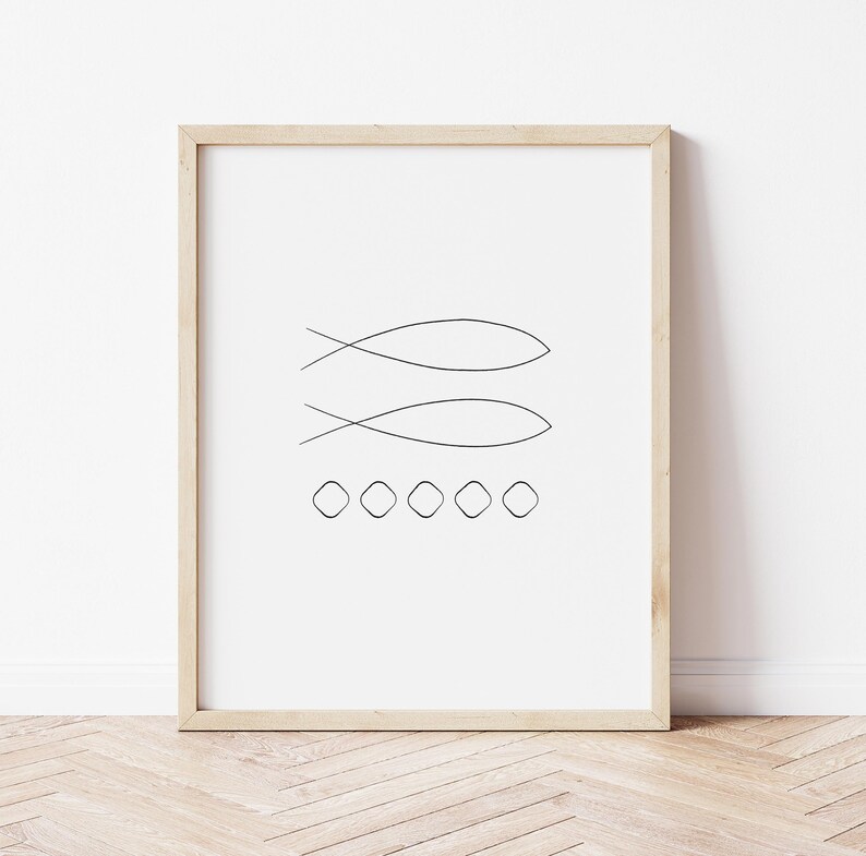 May include: A black and white line art print of two fish symbols and a row of six circles in a wooden frame.