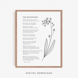 The Beatitudes Modern Christian Wall Art, Botanical Line Art Bible Verse Wall Art, Matthew 5:3-12 Scripture Poster