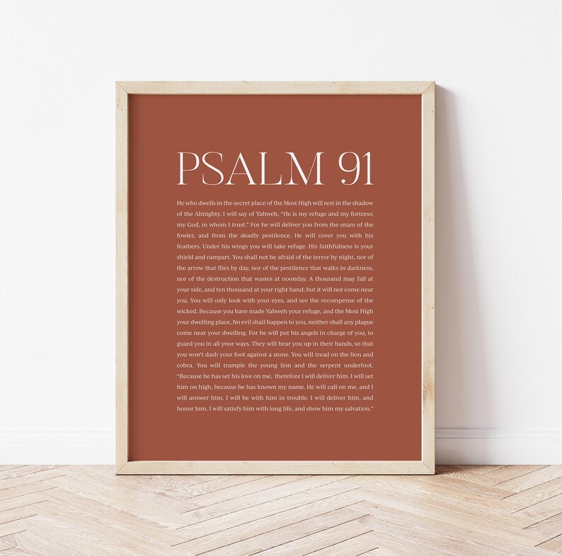 May include: A printable wall art print with a terracotta background featuring Psalm 91 from the Bible. The text is in white and reads "PSALM 91" at the top and continues with the verses of the psalm.