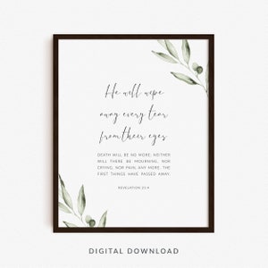 Revelation 21:4 Bible Verse Wall Art, Scripture Poster, Christian Printable, He will wipe away every tear