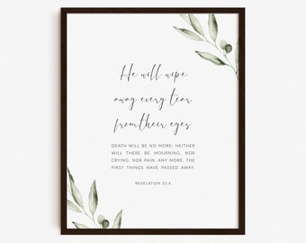 Revelation 21:4 Bible Verse Wall Art, Scripture Poster, Christian Printable, He will wipe away every tear