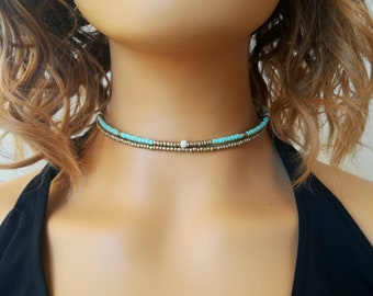 Boho Perlen Halsband, gold Perlen Halskette, Türkis Perlen Halsband, Hippie Halsband, Geschenk für sie, Geschenk für Frau, Hochzeit Halsband