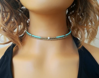 Boho beaded choker, gold beaded necklace, turquoise beaded choker, hippy choker, gift for her, gift for wife, wedding choker