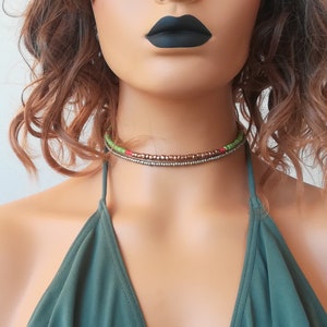 Boho beaded choker, gold beaded necklace, green beaded choker, multicolor choker, minimal beaded choker, gift for her, gift for wife